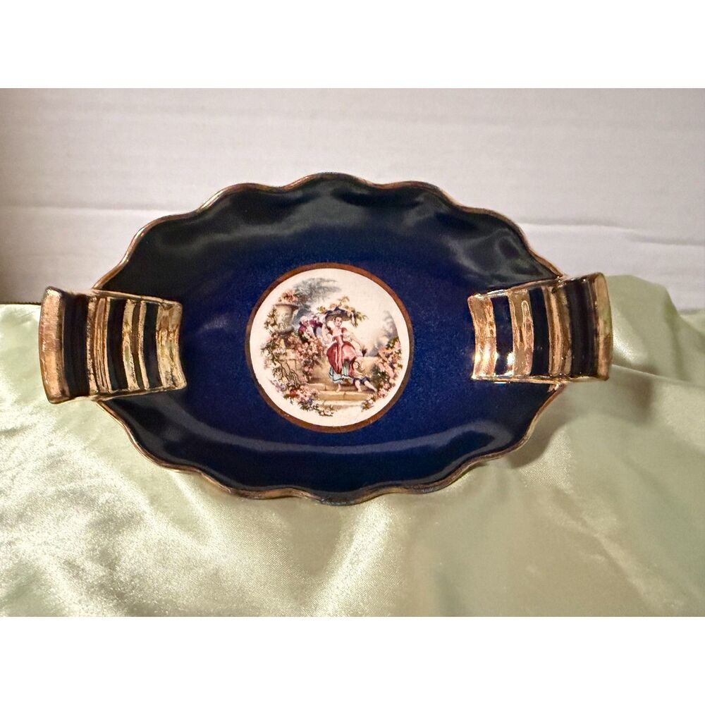 Vintage Carlton Ware Cobalt Blue Gold Gilt Handled Bon Bon Dish Figural Scene 7"
